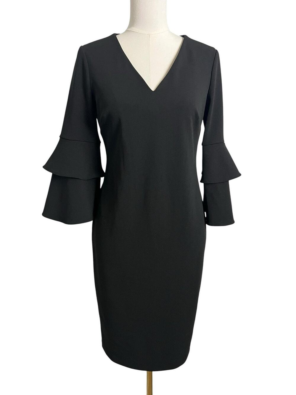 Calvin Klein Black Bell Sleeve Sheath Dress Size 8 V Neck Career Cocktail